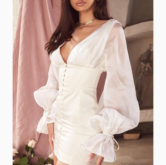 Sexy Deep V-Neck Lantern Sleeves Ruffled Dress